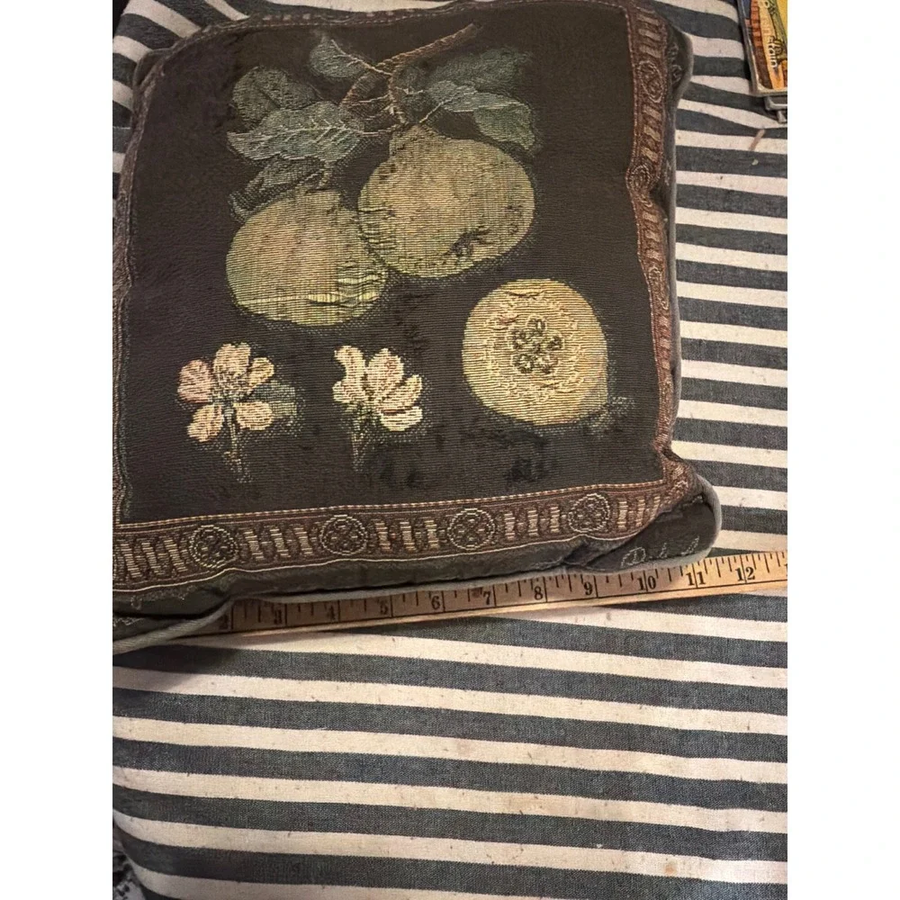Vintage Woven Tapestry Throw Pillow Botanical Pear Fruit Floral Dark Brown 12x12